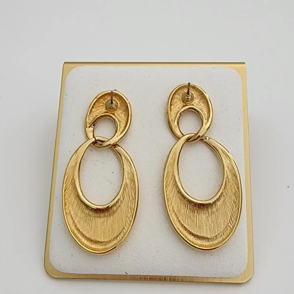 Vintage 80's gold tone open oval dangle post‎ earrings